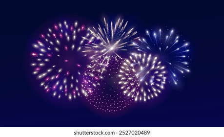 Shiny colorful fireworks explosions. Red, pink and blue firecrackers. Holiday decoration for Christmas and New year party. Festive background for birthday invitations, wedding, diwali banners. Vector.