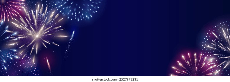 Shiny colorful fireworks explosions. Red, pink and blue firecrackers. Holiday decoration for Christmas and New year party. Festive background for birthday invitations, wedding, diwali banners. Vector.