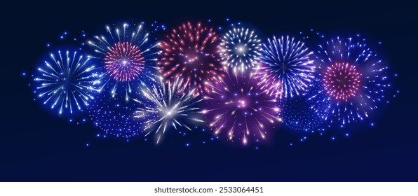 Shiny colorful fireworks explosions. Red, pink and blue firecrackers. Holiday decoration for Christmas and New year party. Festive background for birthday invitations, wedding, diwali banners. Vector.