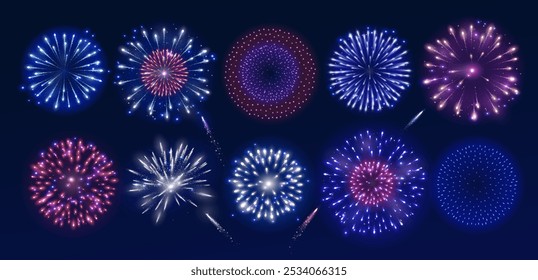 Explosões coloridas brilhantes de fogos de artifício. Fogo vermelho, rosa e azul. Decoração de férias para o Natal e festa de Ano Novo. Fundo festivo para convites de aniversário, casamento, bandeiras de diwali. Vetor.