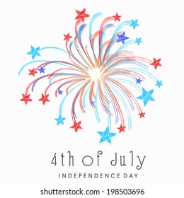 Shiny colorful fireworks with stars on white background for 4th of July American Independence Day celebrations. 