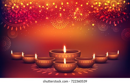 Shiny colorful floral background with illuminated 3D Oil Lamps (Diya) for Diwali celebration.
