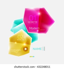 Shiny colorful geometric business abstract infographics template. Glossy glass style template with sample text - options and slogans