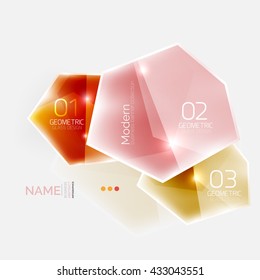 Shiny colorful geometric business abstract infographics template. Glossy glass style template with sample text - options and slogans