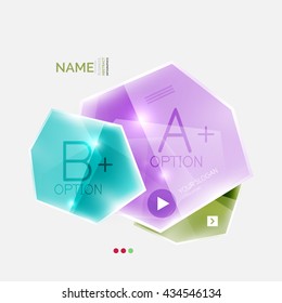 Shiny colorful geometric business abstract infographics template. Glossy glass style template with sample text - options and slogans