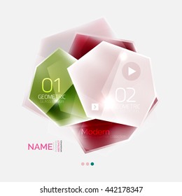 Shiny colorful geometric business abstract infographics template. Glossy glass style template with sample text - options and slogans