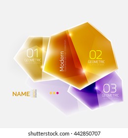 Shiny colorful geometric business abstract infographics template. Glossy glass style template with sample text - options and slogans