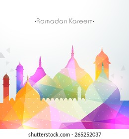 Shiny colorful illustration of mosque for the occasion of Islamic holy month of prayers, Ramadan Kareem.