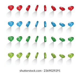 Shiny colorful metal realistic map pointers vector set in various angles. Map pointer 3d pin. Location symbols