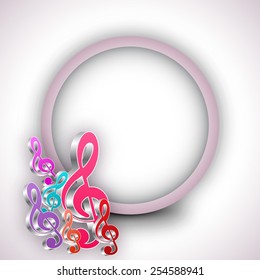Shiny colorful musical notes with blank rounded frame on stylish background.