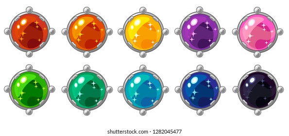 Shiny colorful round gem with silver frame set for mobile game interface design. Isolated on white background.
