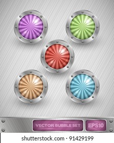 Shiny colorful striped bubbles set in aluminum edging on metal background. Vector art.