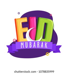Shiny colorful text Eid Mubarak with crescent moon on white background.