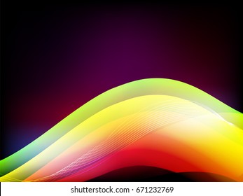 Shiny colorful waves on purple background.