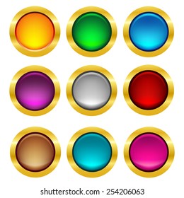 Shiny colorful web button collection with elegant gold frame