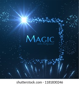 Shiny comet star with magic particle dust tail with festive fireworks. Vector background. EPS10