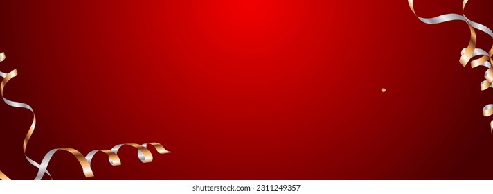 Shiny Confetti Christmas Vector Panoramic Red Background. Party Spiral Illustration. Ribbon Swirl Plant. Chic Fun Invitation.