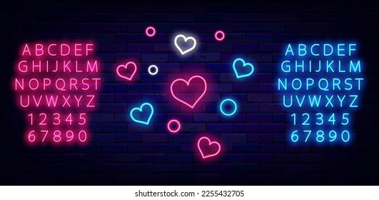 Shiny confetti with heart shapes. Neon firework. Happy Valentines day celebration. Holiday design on brick wall. Light pink and blue alphabet. Vector stock illustration