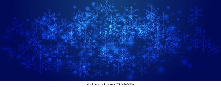 Shiny Confetti Vector Pnoramic Blue Background. White Subtle Stars Design. Falling Snowflake Pattern. Glitter Dots Illustration.