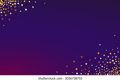 Shiny Confetti Vector Purple Background. Golden Christmas Star Design. Universe Light Texture.  Gilded Magic Space Template.