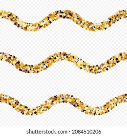 Shiny Confetti Vector Transparent Background. Golden Elegant Starry Template. Rain Falling Pattern.  Gilded Festive Space Border.