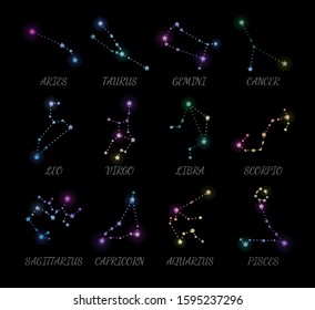 Shiny constellations of 12 zodiac signs. A pack of aries, taurus, gemini, cancer, leo, virgo, libra, scorpio, sagittarius, capricorn, aquarius, pisces. Isolated on dark background.