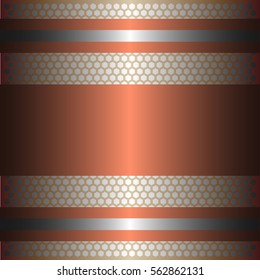 Shiny copper metal with silver background.Two glossy silver lines.Gold plate with hexagon holes style design .