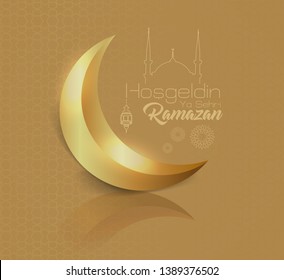 shiny crescent image on a gold background and silhouette of a linear mosque and minimal “hosgeldin ya sehri ramazan” design concept.  Translation: ramadan kareem. vector illustration.  greeting card.
