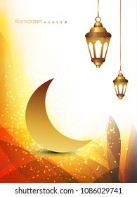 Shiny Crescent Moon with Hanging Lamps, Abstract Background Design. 