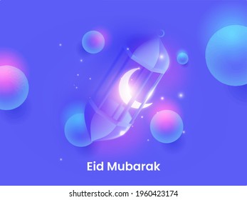 Shiny Crescent Moon Inside Arabic Lantern And 3D Balls Or Sphere On Blue Lights Effect Background For Eid Mubarak Concept.