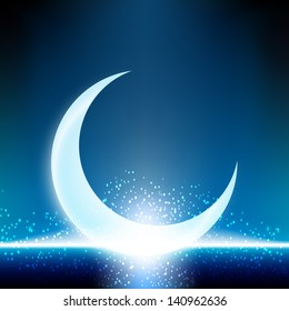 Shiny Crescent Moon On Blue Background.