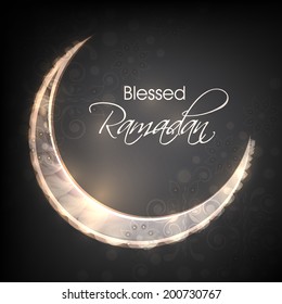 Shiny crescent moon on grey background for holy month of Muslim community Ramadan Kareem. 