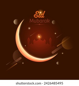 Shiny Crescent Moon with Silhouette Mosque on Light Effect Brown Abstract Background for Islamic Festival of Eid Mubarak Celebration Concept.