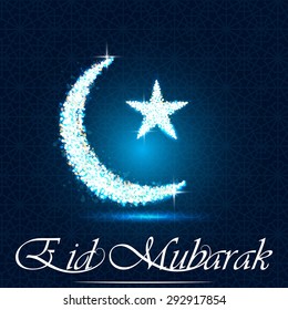 Shiny crescent moon and star on black and blue background for holy month of Ramadan Kareem.vector