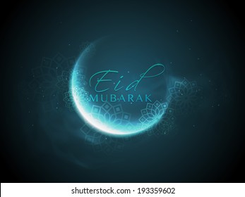 Shiny Crescent Moon With Stylish Text Eid Mubarak On Blue Background, Can Be Use As Flyer, Banner Or Poster Design For Muslim Community Festival.