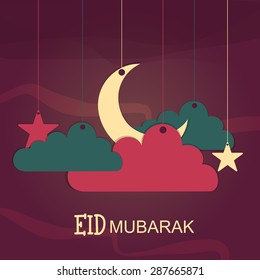Shiny crescent moon surrounded by hanging clouds and stars on stylish background for Muslim community festival, Eid Mubarak.