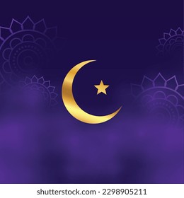 shiny crescent symbol on purple background with smoke effect vector