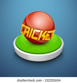 Shiny cricket ball on filed stage having text cricket on blue background.