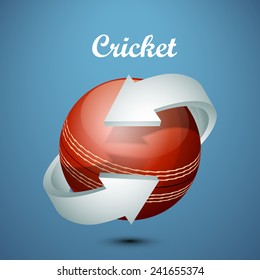 Brillante bola de cricket rodeada por una flecha 3D sobre fondo azul.
