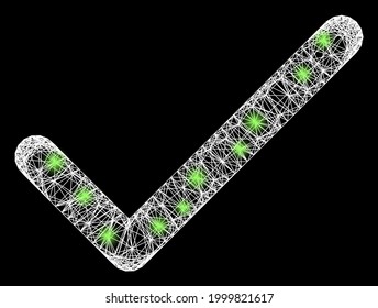 Shiny crossing mesh apply tick model with glowing spots. Illuminated vector model created from apply tick symbol and intersected white lines. Sparkle frame mesh apply tick, on a black backgound.