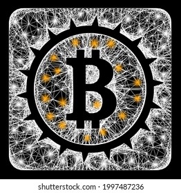 Carcasa de caja de bitcoin de malla cruzada brillante con puntos brillantes. Malla vectorial iluminada creada a partir de pictograma de caja de bitcoin y cruzando líneas blancas. Caja de carcasas espumosas de bitcoína poligonal,