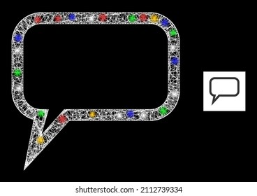 Shiny crossing mesh blog message with vibrant lightspots. Illuminated vector mesh created from blog message icon. Sparkle frame mesh blog message, on a black backgound.