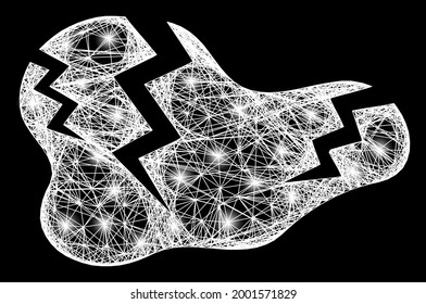 Modelo de grieta de malla cruzada brillante con puntos brillantes. Marco vectorial iluminado creado a partir del símbolo de grieta y líneas blancas cruzadas. Grieta de malla de marco espumoso, sobre un fondo negro.