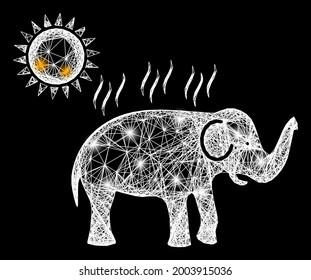 Shiny Crossing Mesh Elephant Under Sun Heat Carcass With Flash Nodes. Illuminated Vector Mesh Created From Elephant Under Sun Heat Symbol And Intersected White Lines.