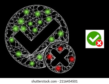 Shiny crossing mesh false positive icon with bright spots. Illuminated constellation created using false positive vector icon and crossing lines. Bright carcass false positive, on a black background.