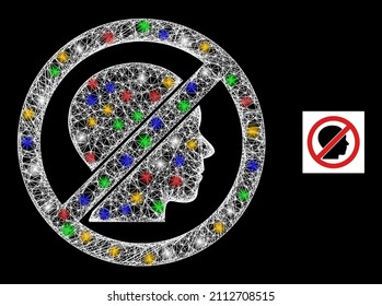 Shiny crossing mesh forbidden man with colored light dots. Illuminated vector mesh created from forbidden man pictogram. Sparkle frame mesh forbidden man, on a black backgound.