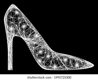 Shiny crossing mesh high heel lady shoe carcass with light spots. Constellation vector model created from high heel lady shoe symbol and crossing white lines.