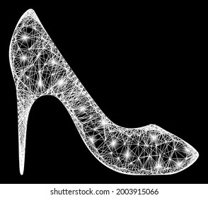 Shiny crossing mesh high heel shoe carcass with lightspots. Illuminated vector mesh created from high heel shoe symbol and crossed white lines. Sparkle carcass mesh high heel shoe,