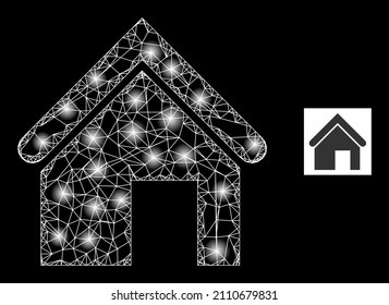 Shiny crossing mesh home icon with glossy spots. Illuminated model is generated from home vector icon and crossing lines. Illuminated frame home, on a black background.