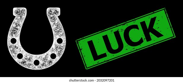 Shiny crossing mesh horseshoe framework with lightspots, and green rectangular dirty Luck stamp. Constellation vector carcass created from horseshoe pictogram and crossing white lines.